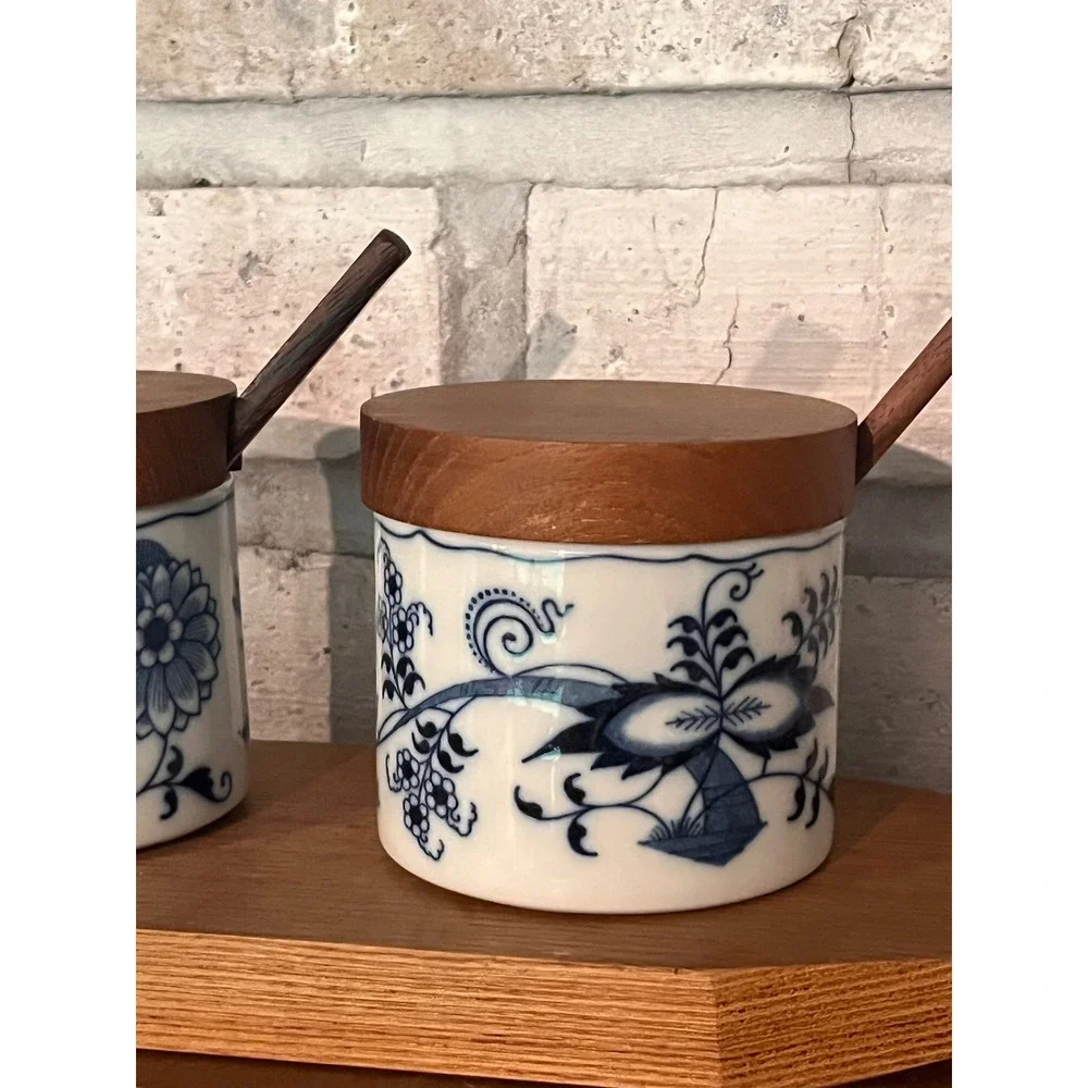 Blue Danube Blue Onion Ceramic Jars blue floral patterns, wooden lid/spoon/tray