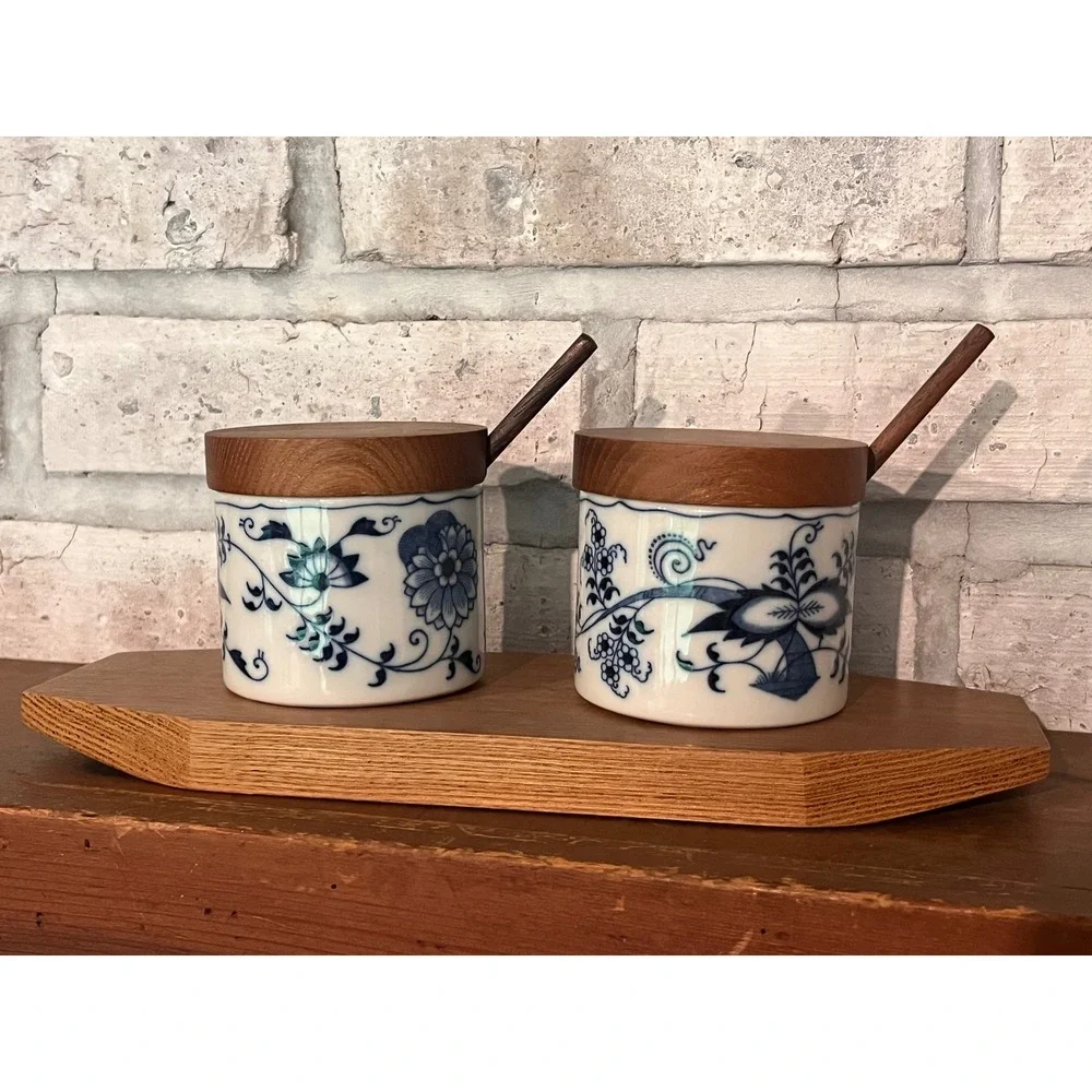 Blue Danube Blue Onion Ceramic Jars blue floral patterns, wooden lid/spoon/tray