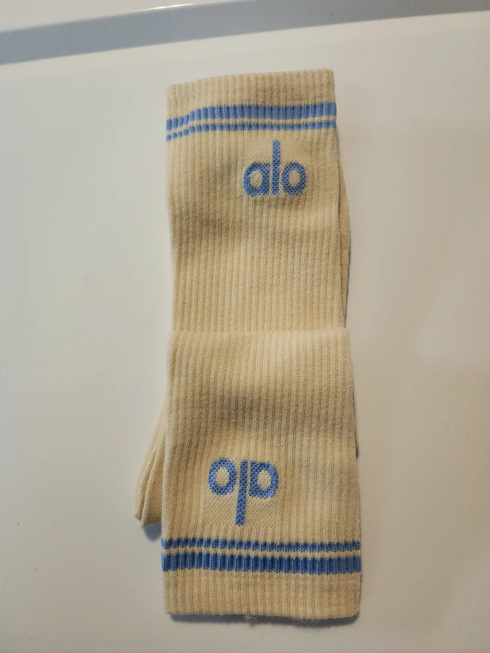 Fashion Yoga Beige Crew Socks with Blue Logo and Stripes