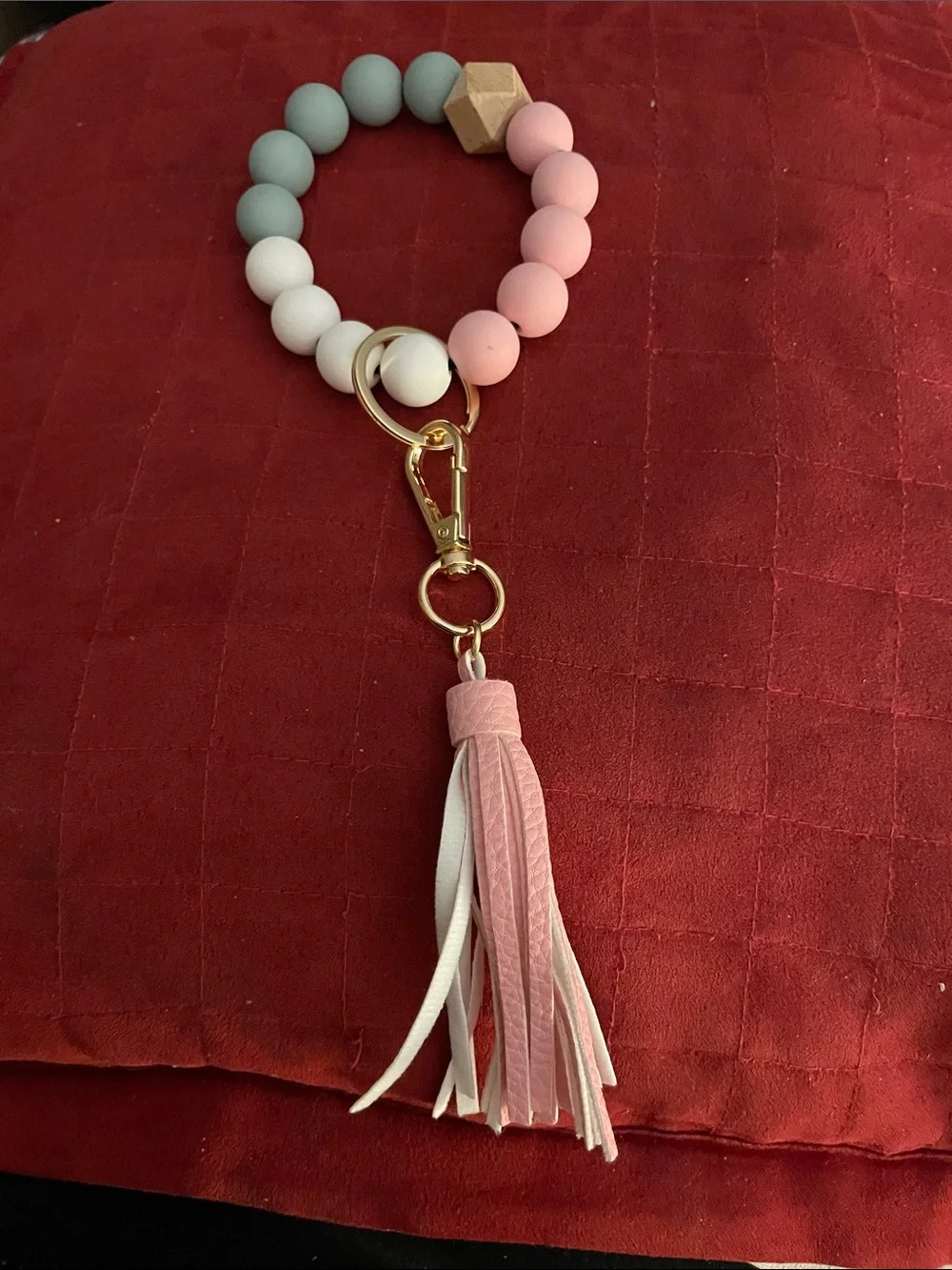 Beaded Pink & Gray Wristlet Keychain with Tassel