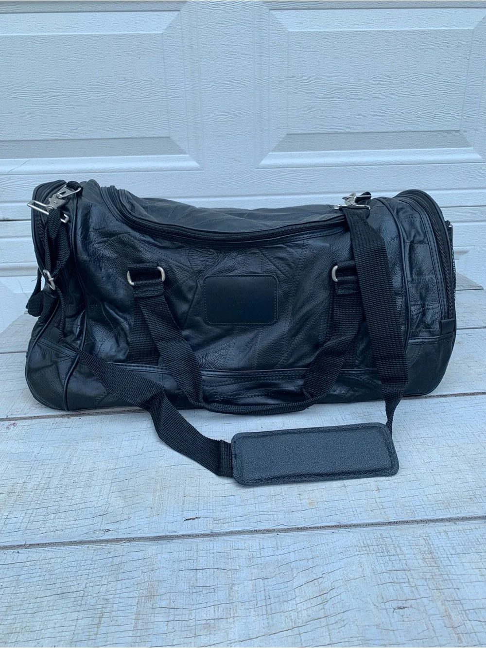 Vintage Seville Black Leather Patchwork Weekender Duffle Travel Bag Gym Pockets