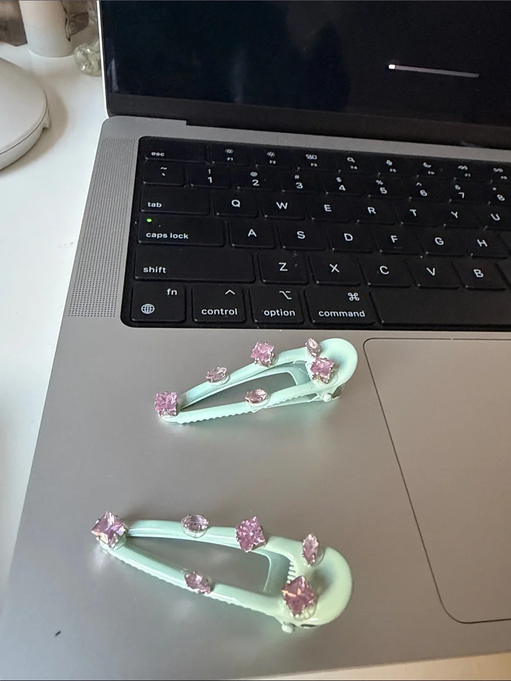 Mint Green Hair Clips with Pink Gem Accents