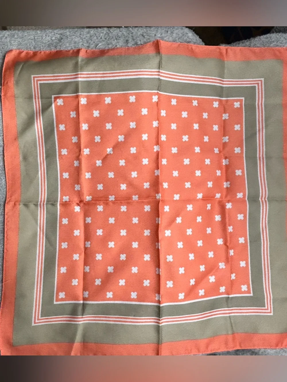 VINTAGE Orange & Tan Square Scarf, Italy, clover motif, est 70s, 80s, 90s