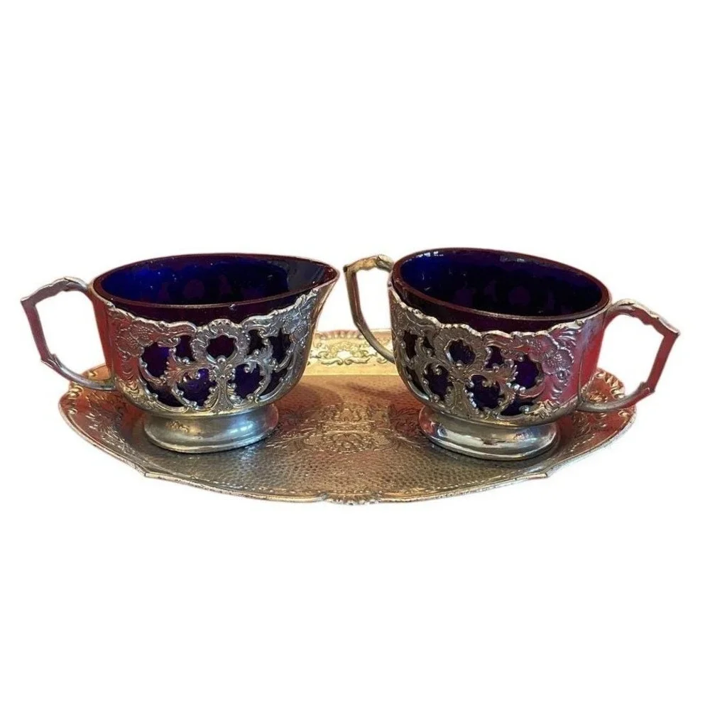 Vintage‎ Cobalt Blue Glass Creamer and Sugar Set Silver Filigree Japan 3 Piece