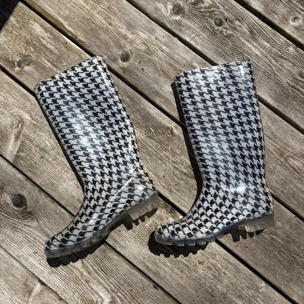 Easy USA Houndstooth Rain Boots Black White Tall Rubber Waterproof Size 5‎