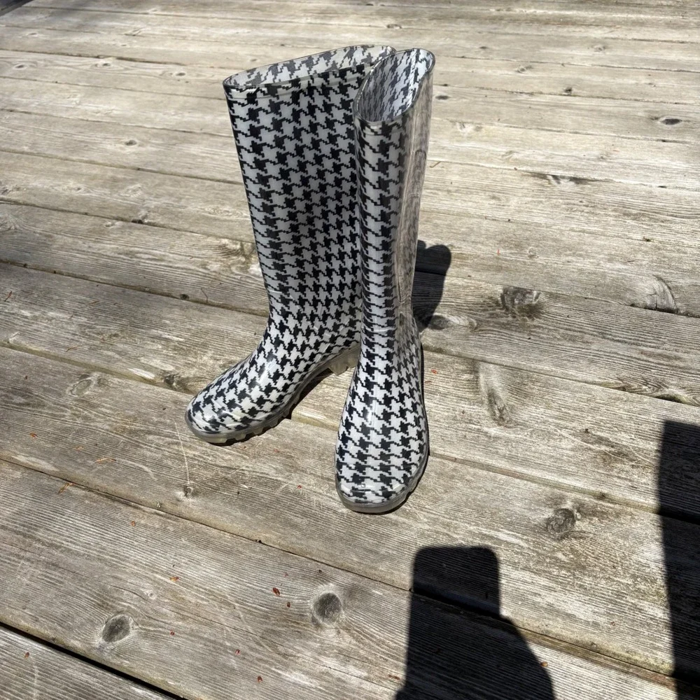 Easy USA Houndstooth Rain Boots Black White Tall Rubber Waterproof Size 5‎