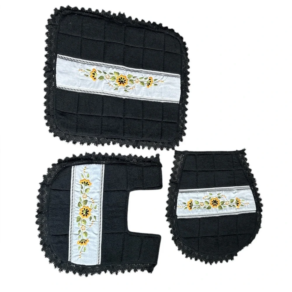 Black‎ Quilted Bathroom Set with Floral Embroidery