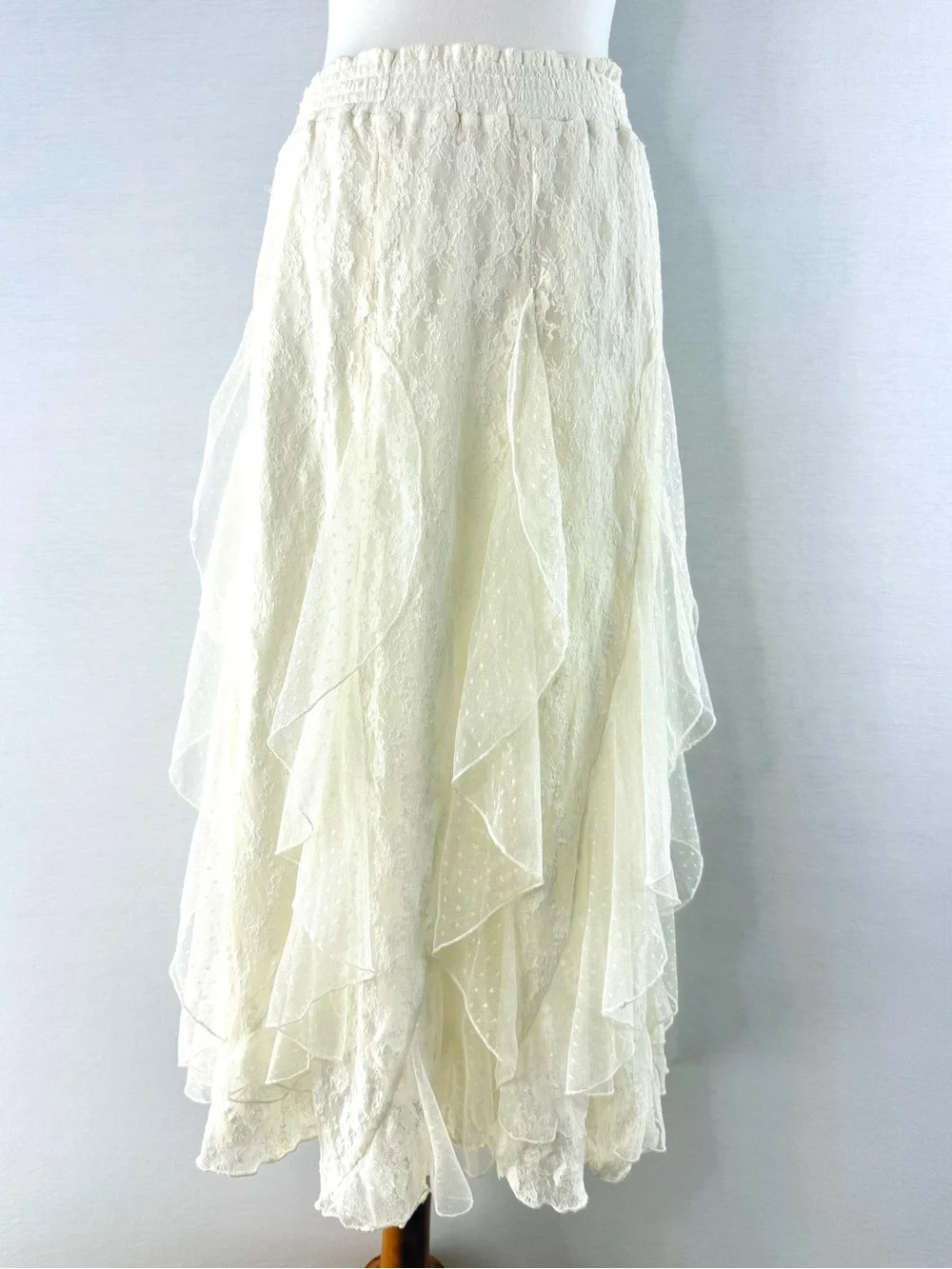 Lucky Brand Festival Ivory Lace Ruffle Elastic Waist Pull On Midi Skirt