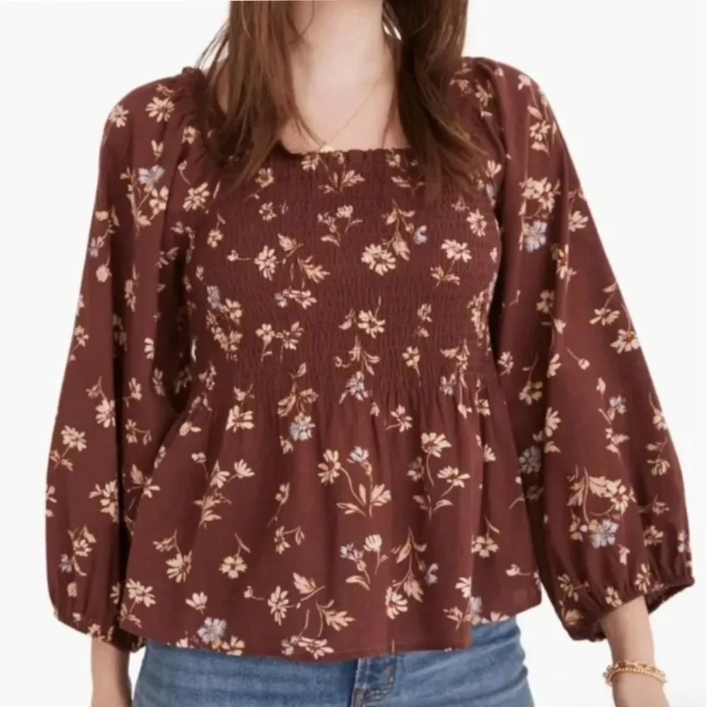 Madewell Women's NWT Lucie Smocked Floral Peplum Top size 2 Cottagecore Milkmaid