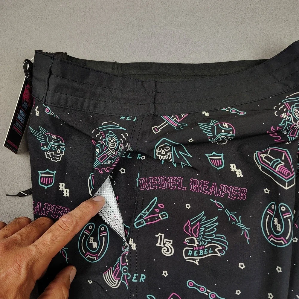 Rebel Reaper‎ Board Shorts Men Small Black Swim Trunks Tattoo Biker Pockets NWT
