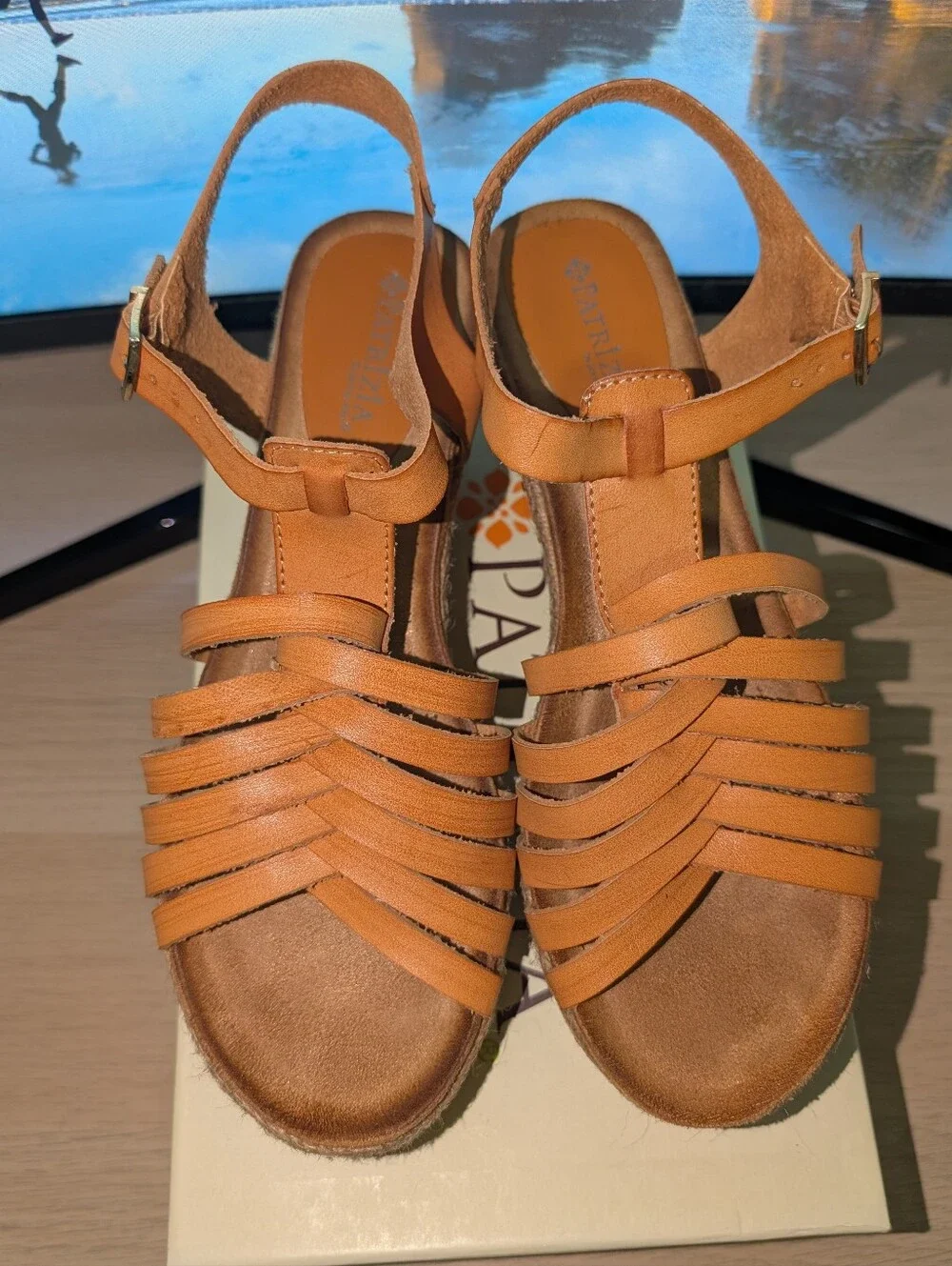 Patrizia Cognac Faux Leather Studded Espadrille Wedges.