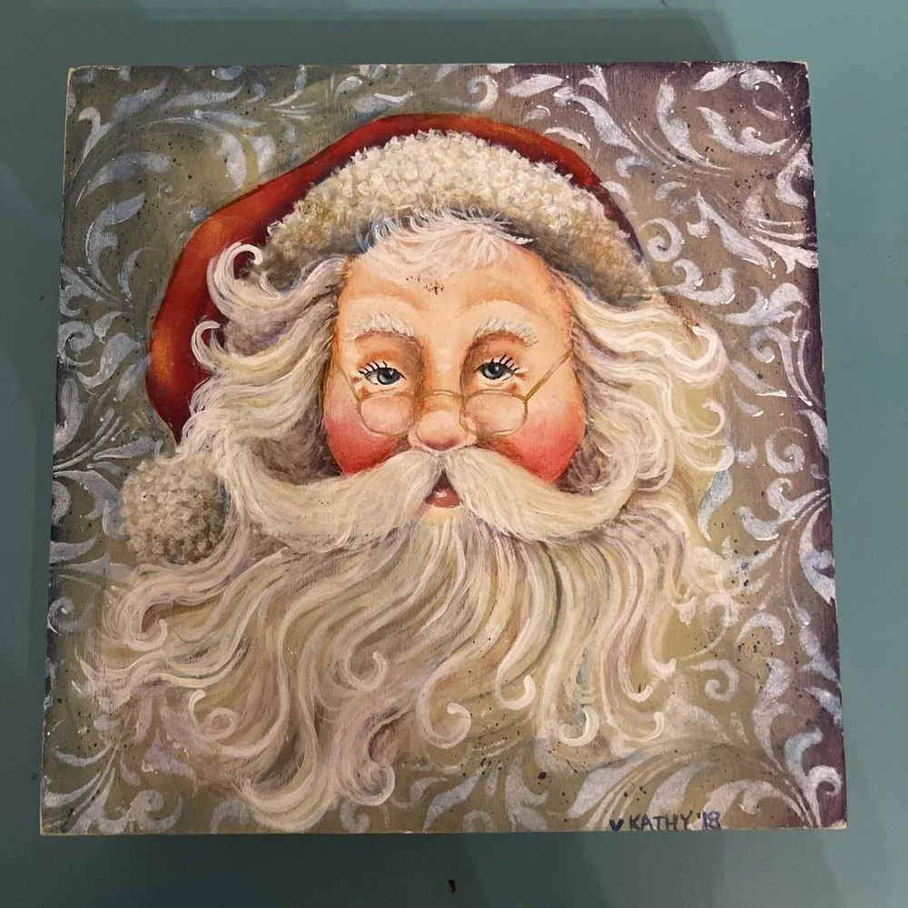 Handpainted Christmas Santa‎ Acrylic On Wood Artist Signed Size 6