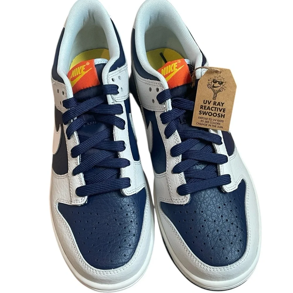 Nike Dunk‎ Low GS 'UV Reactive' sneaker, Photon Dust/Midnight Navy colorway, 7Y