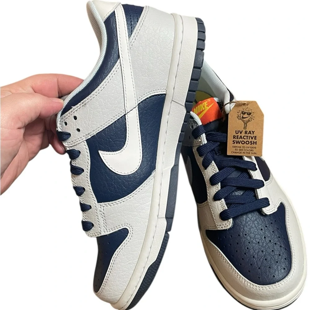 Nike Dunk‎ Low GS 'UV Reactive' sneaker, Photon Dust/Midnight Navy colorway, 7Y