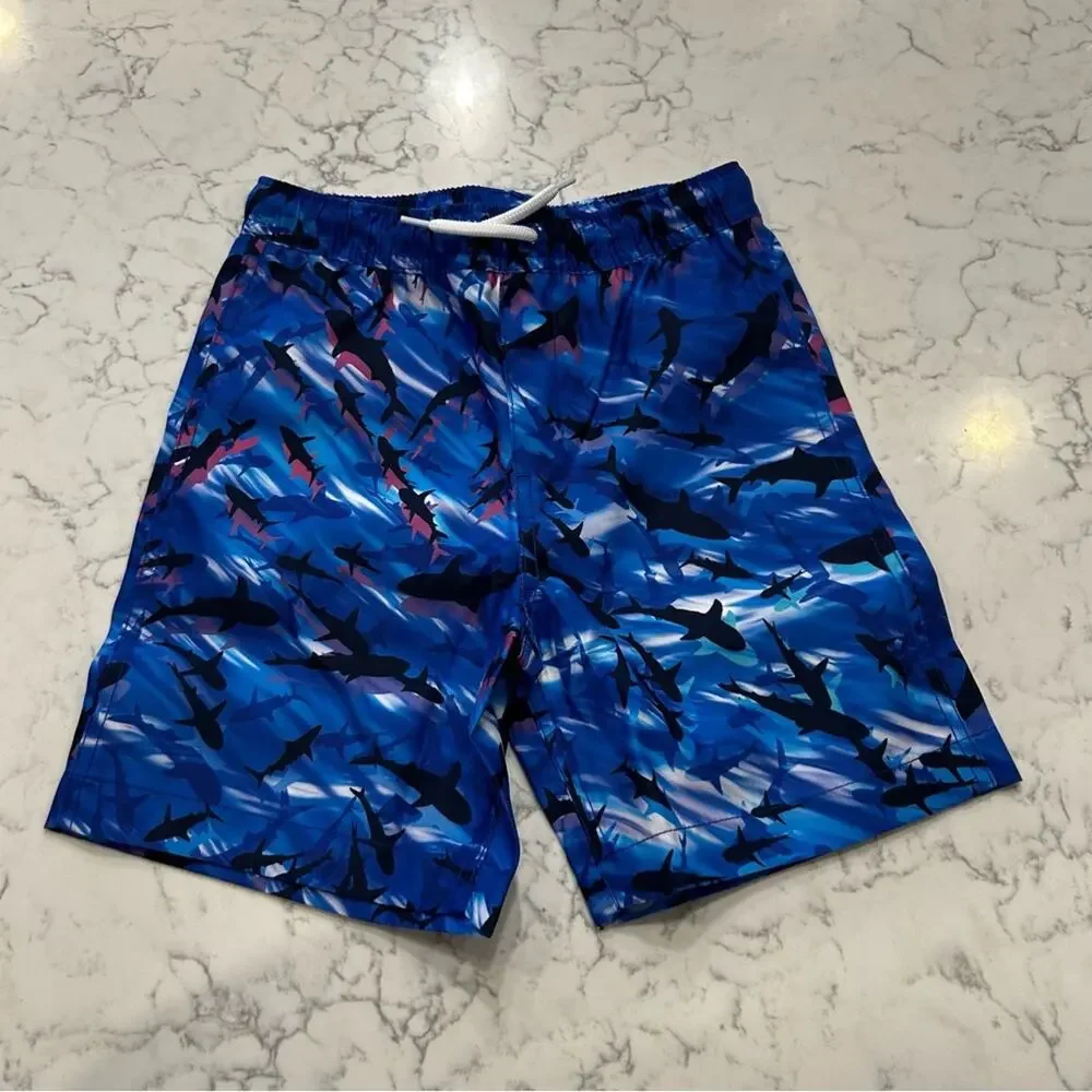 NWOT Lands End Cool Sharks Print Blue Swim Trunks Size Small 6-7‎