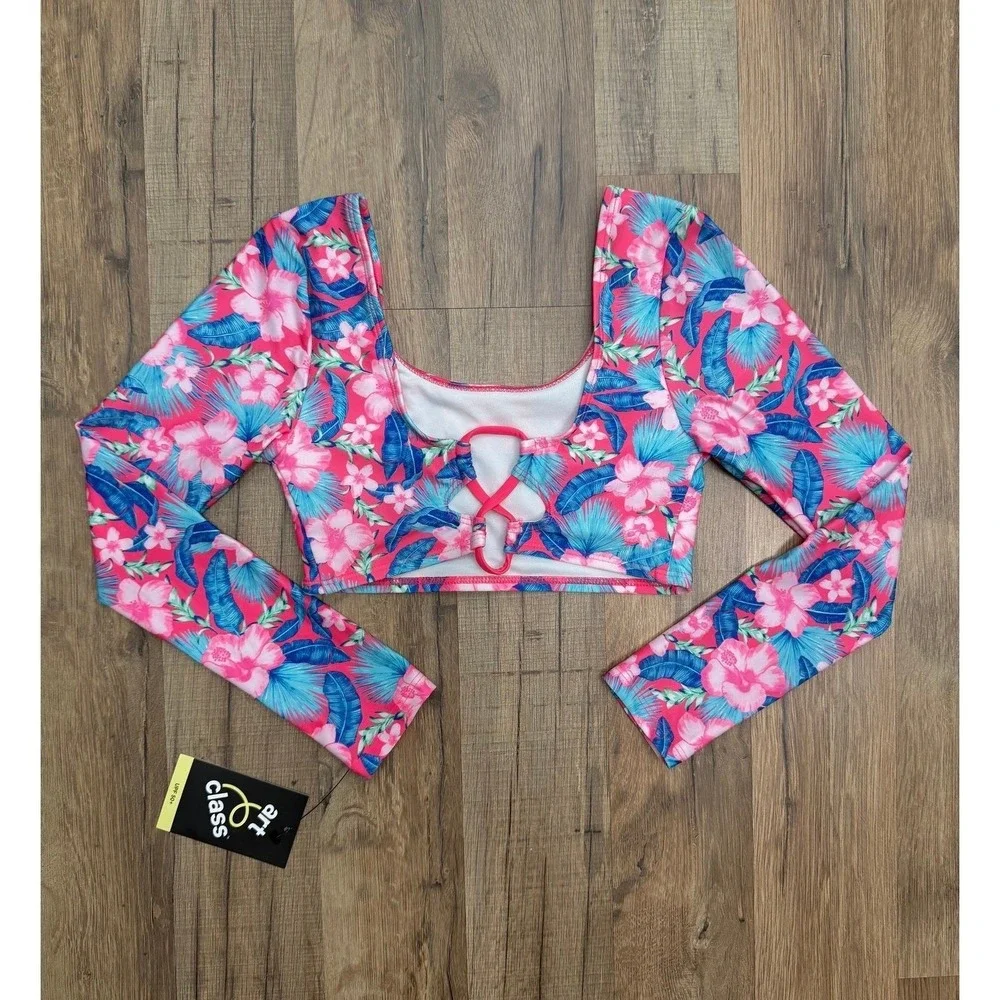 Art Class Girls Tropical Floral Rash Guard Swim‎ Crop Top UPF 50+ Size M 8 NWT