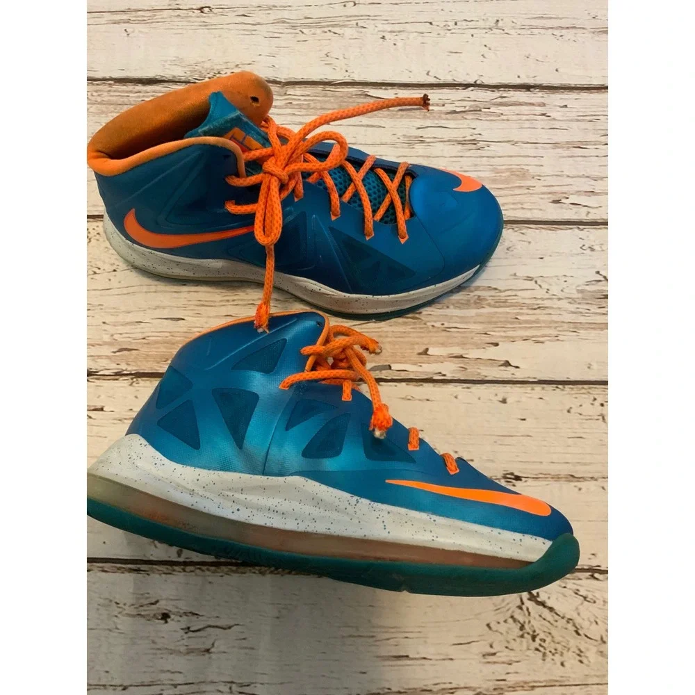 Nike LeBron X GS Blue Diamond Photo Blue Orange‎ Basketball Shoes 543564-402 7Y