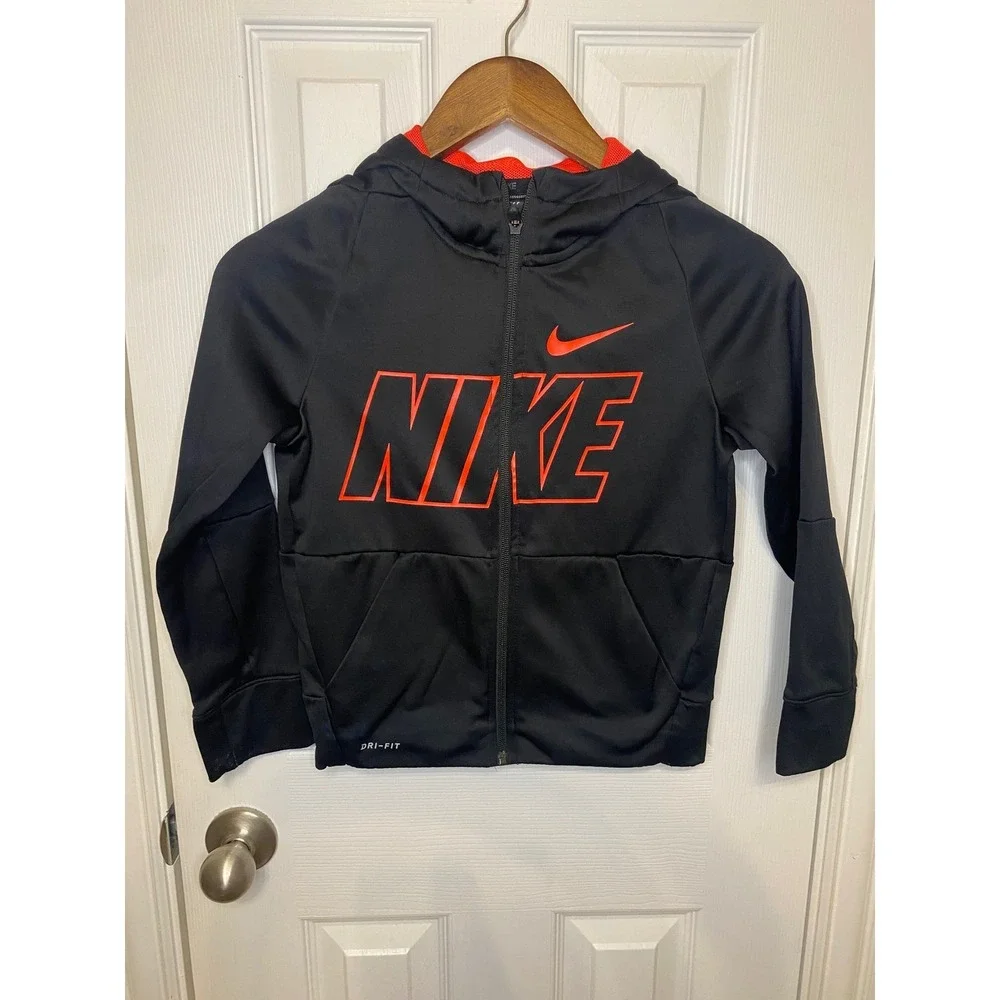 Kids Nike Dri Fit Jacket Boys Small Black Orange Full‎ Zip Hoodie