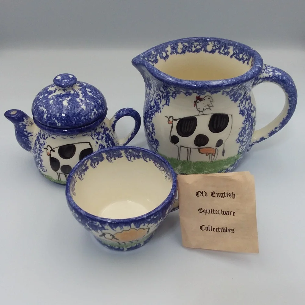 Molly Dallas Pottery Old English Spatterware Tea Set Creamer Cup Farmhouse Decor