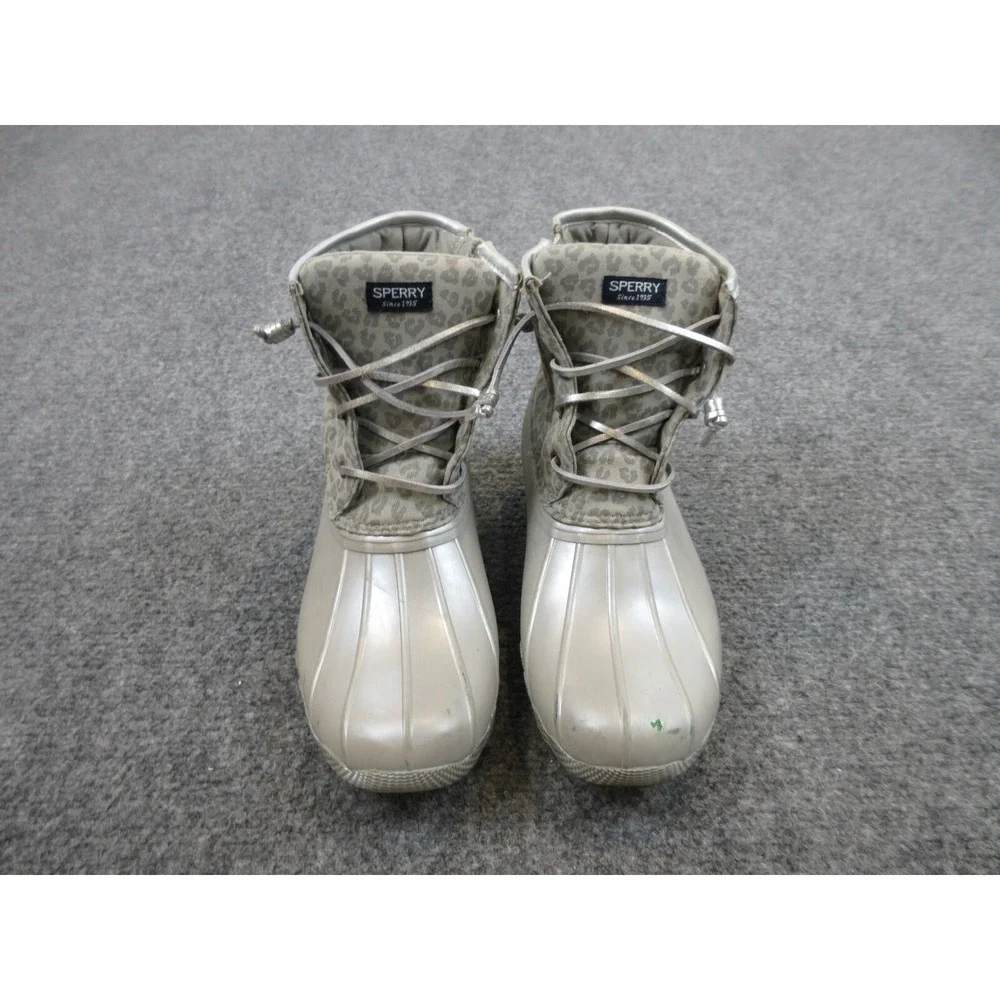 Sperry Saltwater Duck Boots Womens 6 M Silver‎ Gray Zip Leopard Print