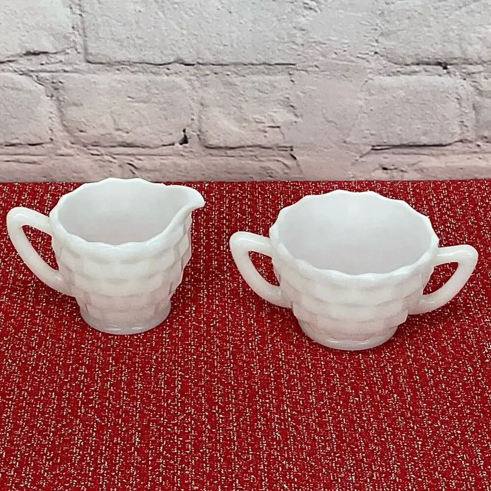 Vintage Opaque by Hazel-Atlas Cubist Sugar/Creamer Milk Glass White Collectible