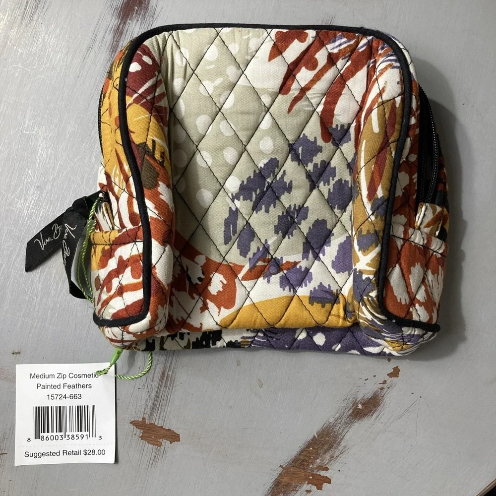 Vera Bradley Medium Zip Cosmetic Bag Painted Feathers Travel Cotton NWT MSRP $28