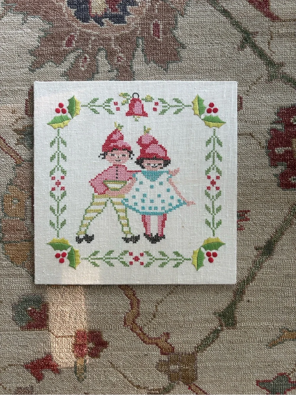 Handmade Holiday Cross-Stitch Wall Art - Red & Green
