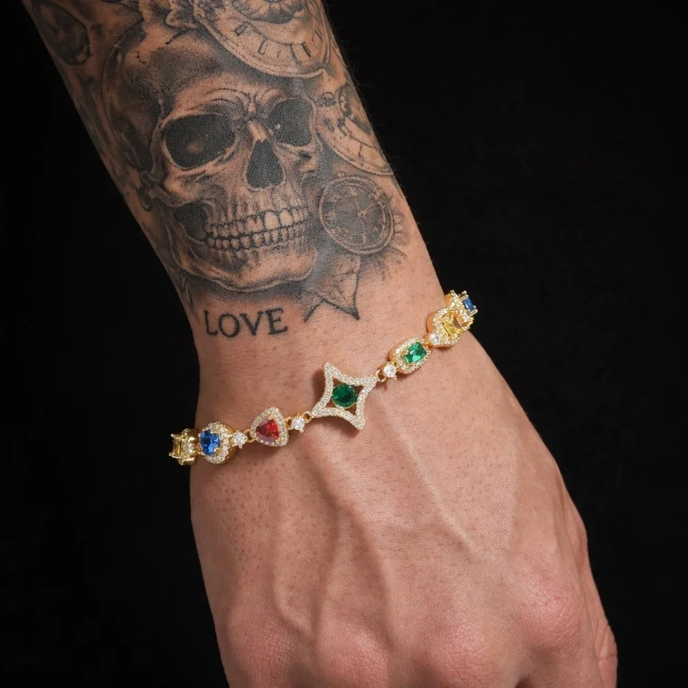 Gold Multicolor Gemstone Link Bracelet - 8inch Designer Style