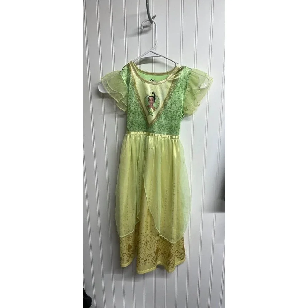 Disney Princess Tiana Nightgown Girls 6/6X Green Yellow Fantasy Sleep Dress