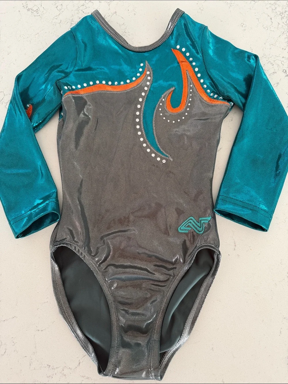 Alpha FacTeal & Gray Metallic Long Sleeve Gymnastics Leotard with Orange Accents