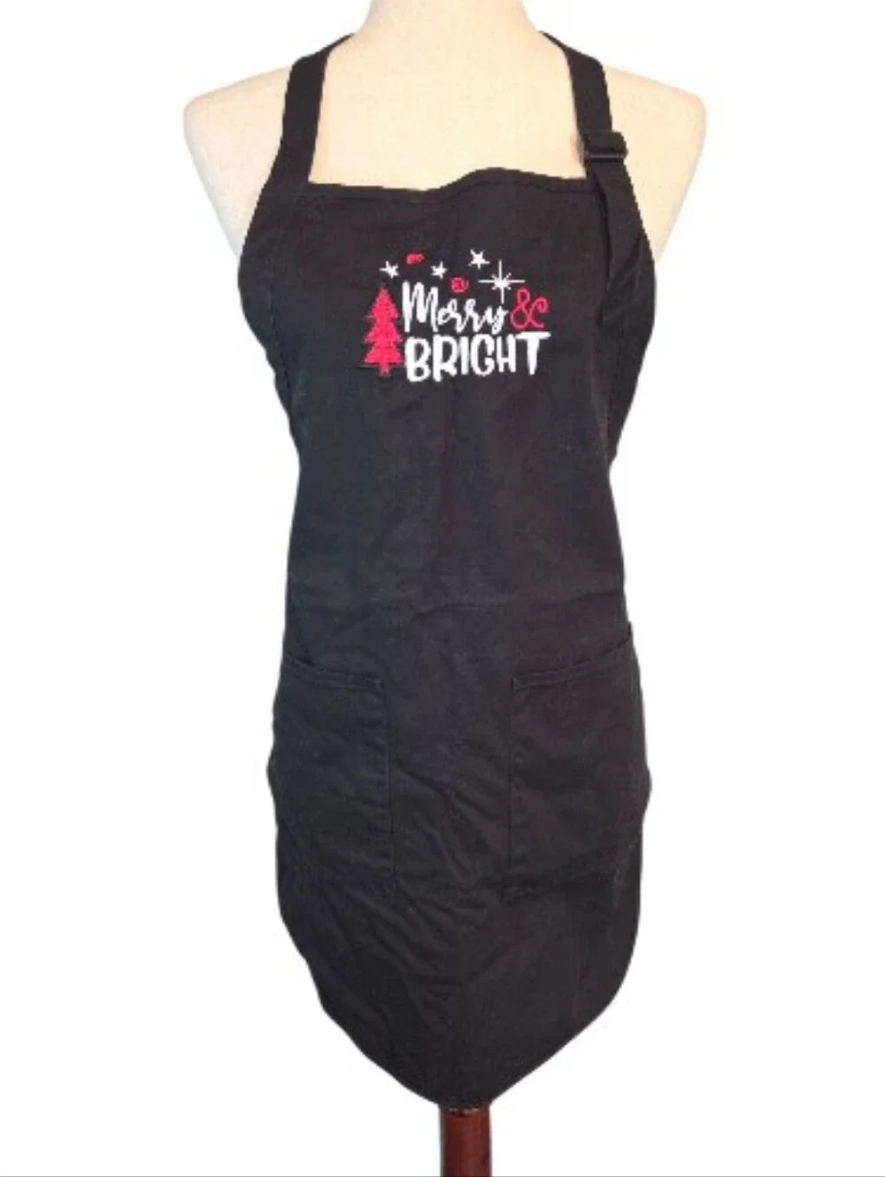 Merry & Bright Christmas Apron Embroidered Black Cotton OS Holidays