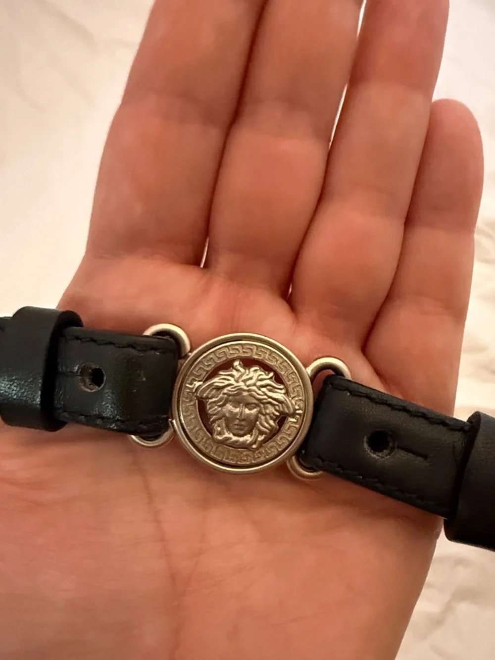 Versace Black Leather Medusa Belt with Silver Medallions
