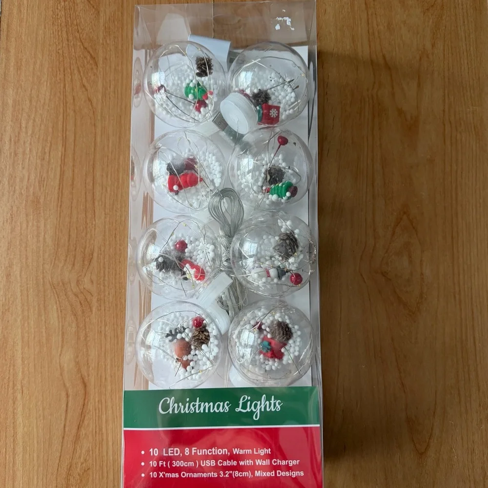 10’ Christmas Snowglobe LED String Lights 8 Function Warm Light USB Cable