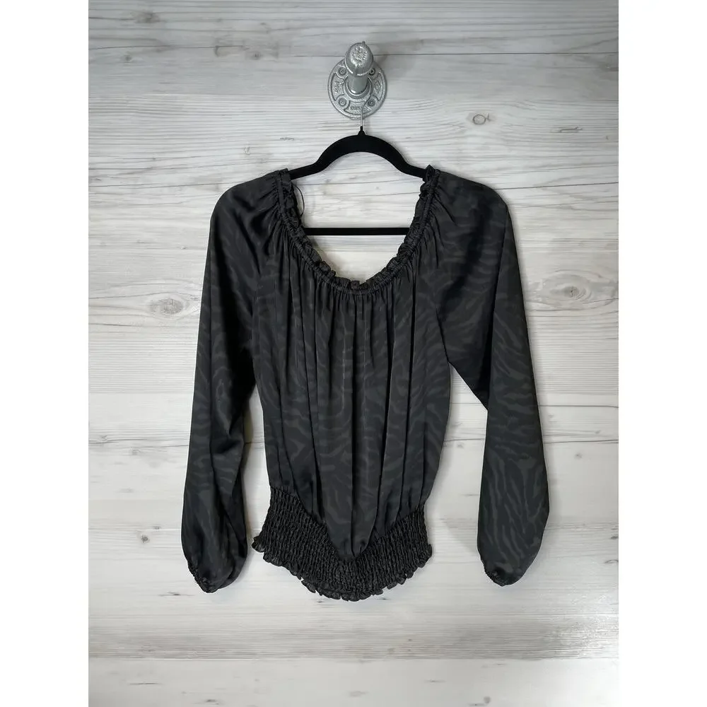 Michael Michael Kors Blouse Womens Medium Black Animal Print Smocked Long Sleeve