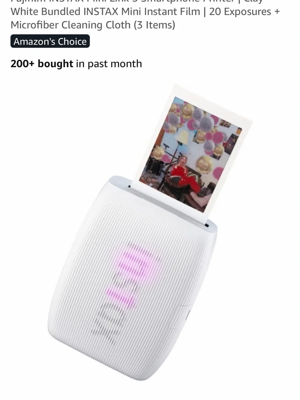 Fujifilm White Instax Mini Portable Photo Printer with Pink LED Accent