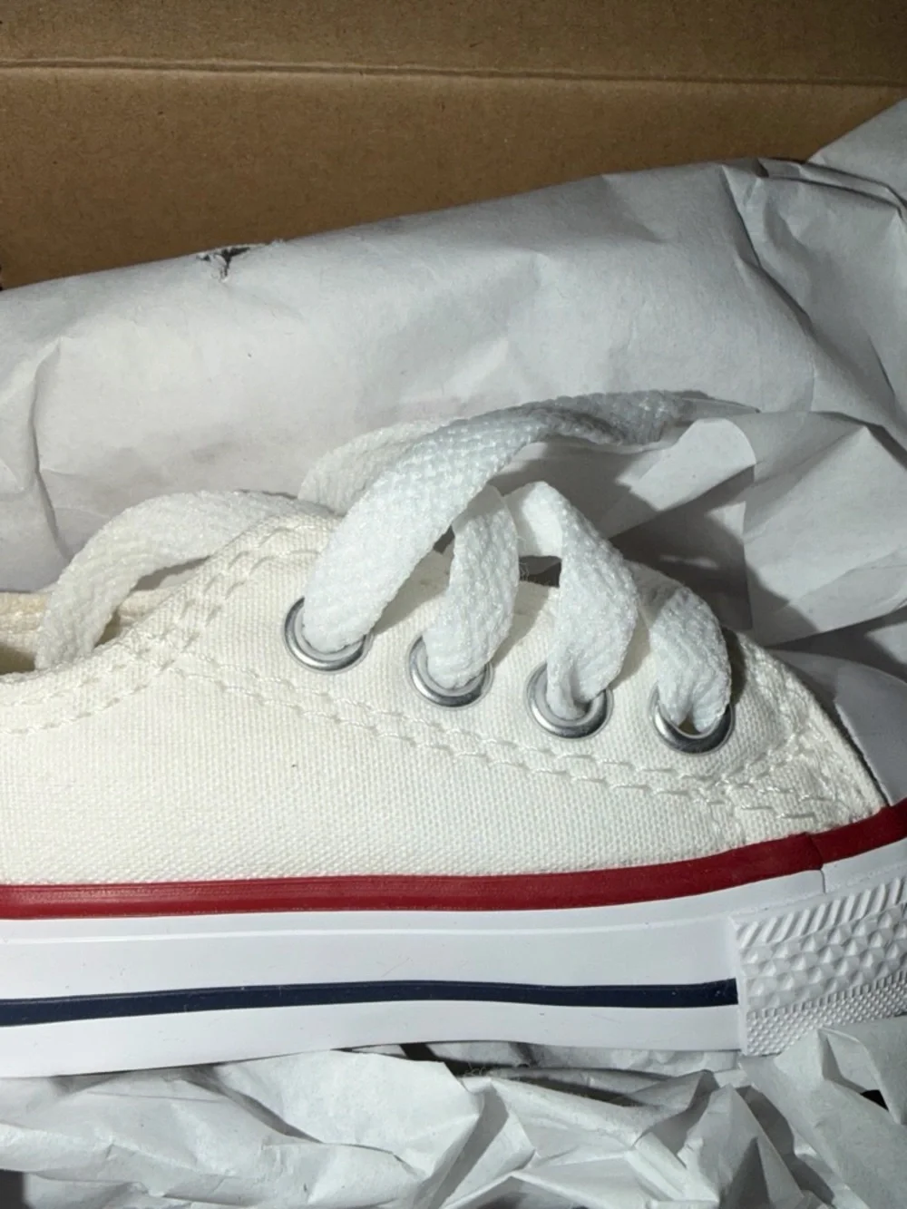 Converse White Canvas Baby Walker Sneakers with Red and Blue Stripe