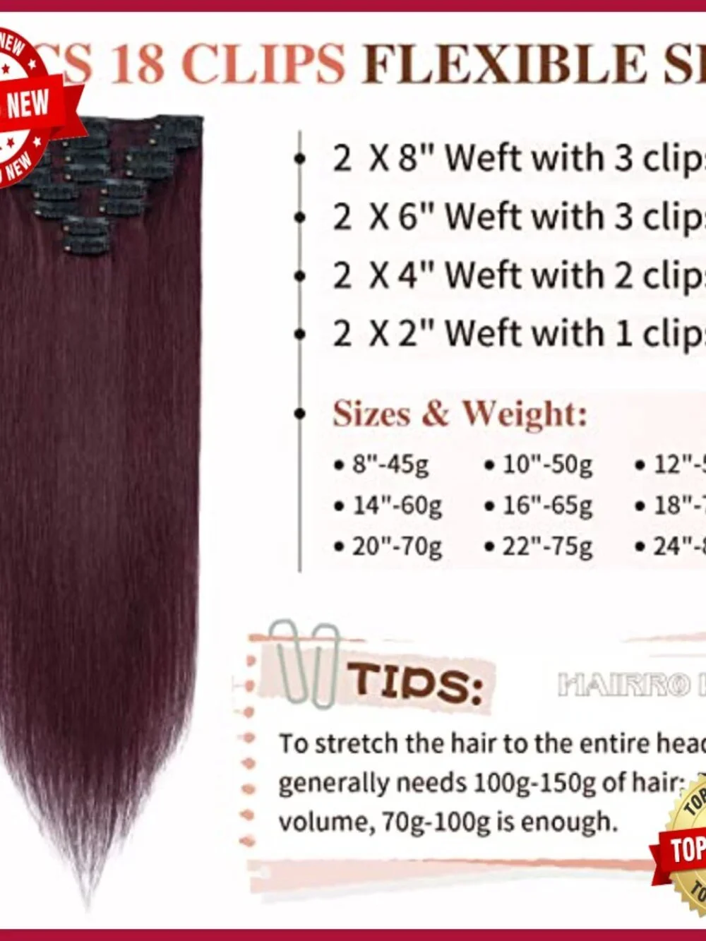 18 Inch Clip In Human Hair Extensions 8 Piece Set 70g Straight