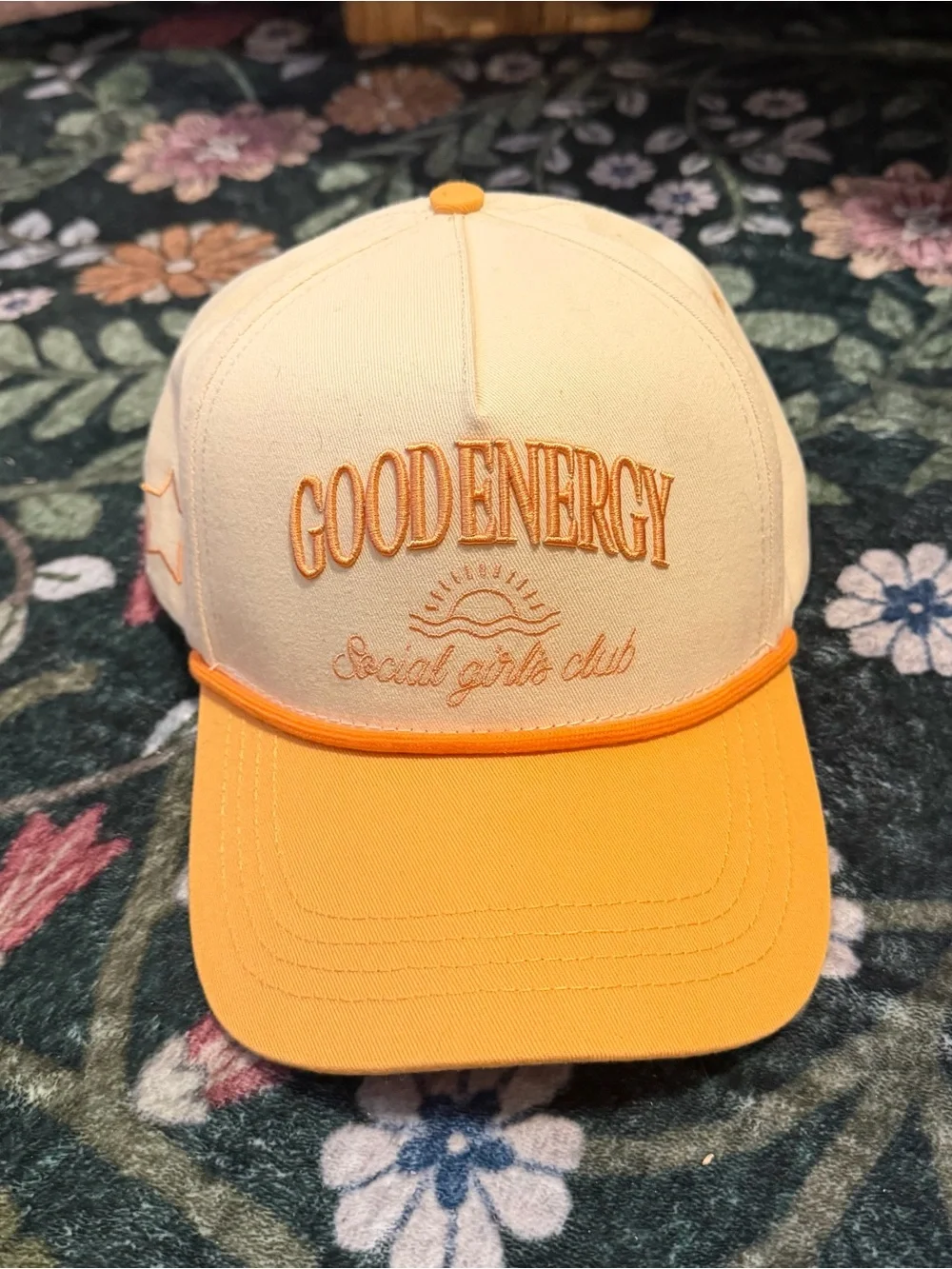 Good Energy Embroidered Cap in Cream & Orange