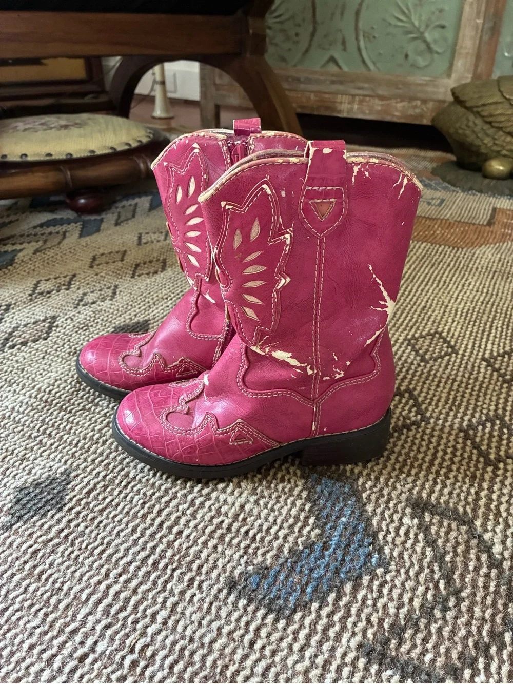 Girls Pink Western-Style Cowboy Boots with Embroidered Detail