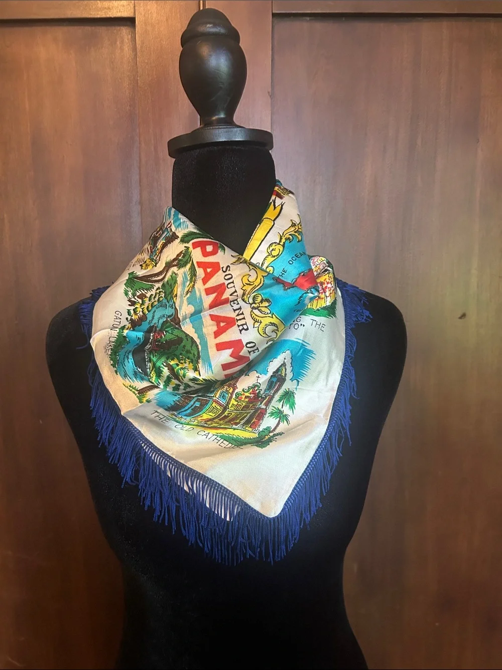 Vintage Souvenir Panama Scenic Fringe Silky Scarf in Cream & Blue