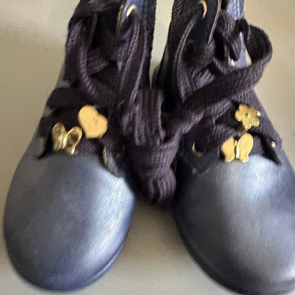 Pampili Girls Navy Blue Metallic Sequin Lace Up Ankle Boots Gold Charms Zipper