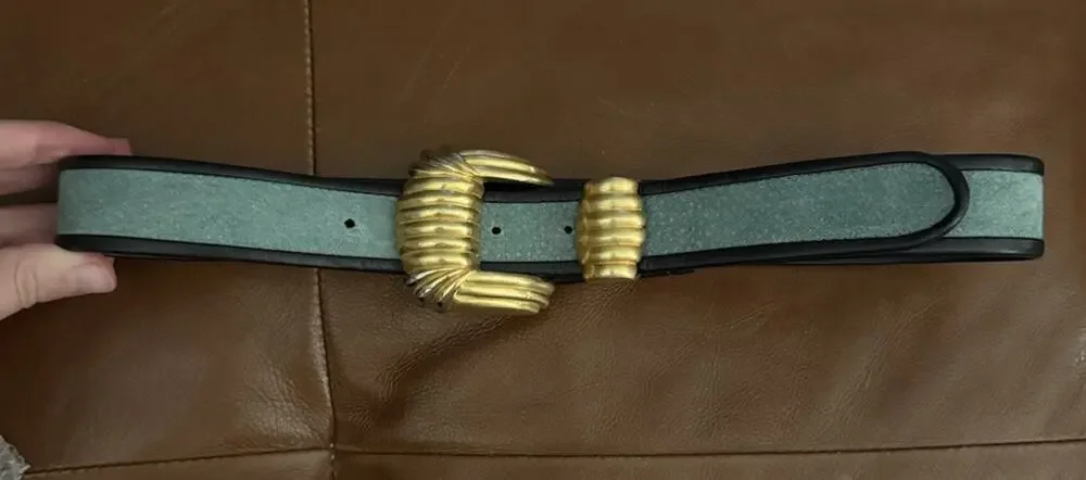 VTG Carlisle Teal Good Brass Buckle Art Deco Leather Belt S