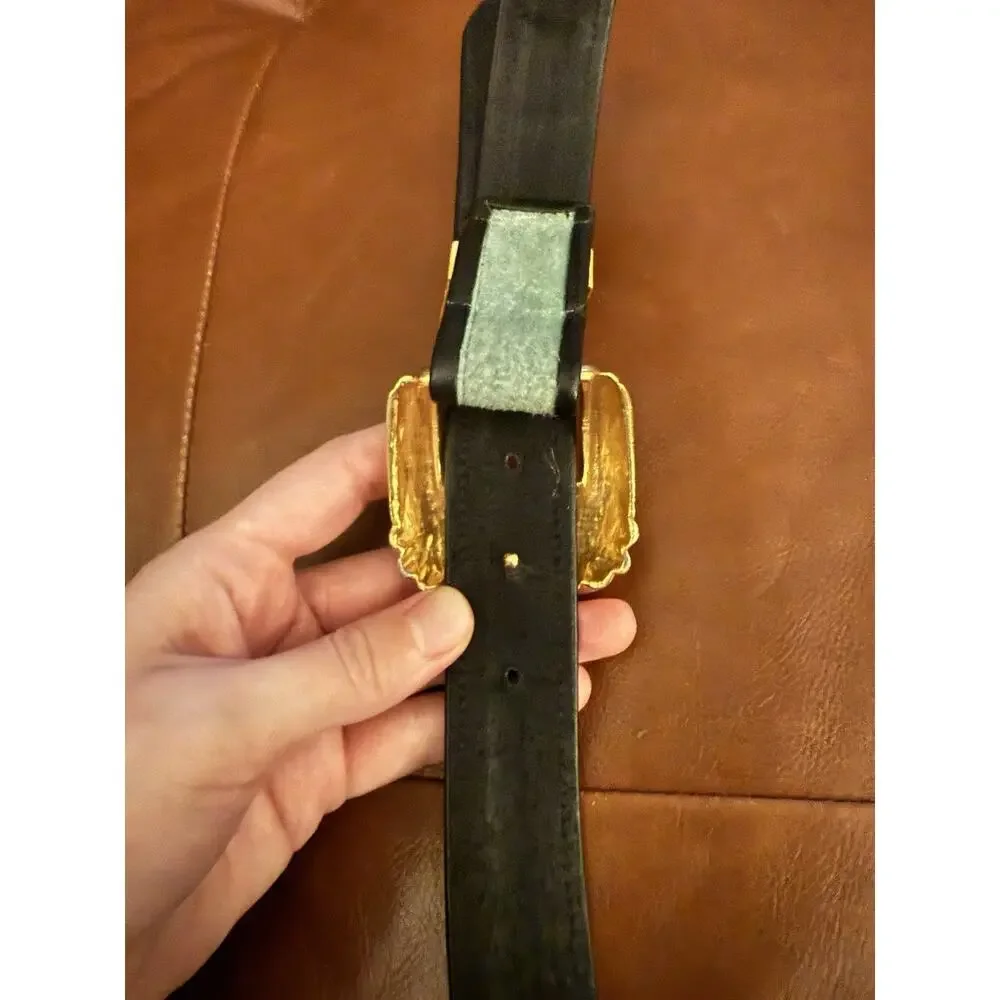VTG Carlisle Teal Good Brass Buckle Art Deco Leather Belt S