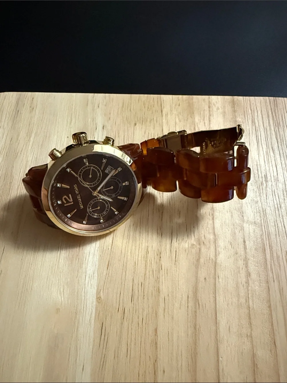 Michael Kors Brown Tortoiseshell Resin Link Chronograph Watch with Gold Accents