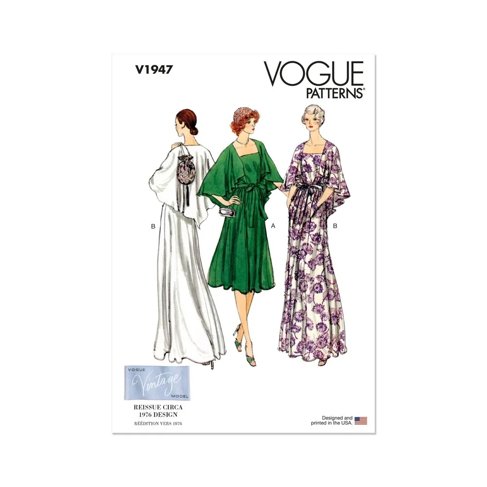 Vogue V1947 Sewing Pattern Women Size 8-16 1976 Reissue Evening‎ Cape Dress