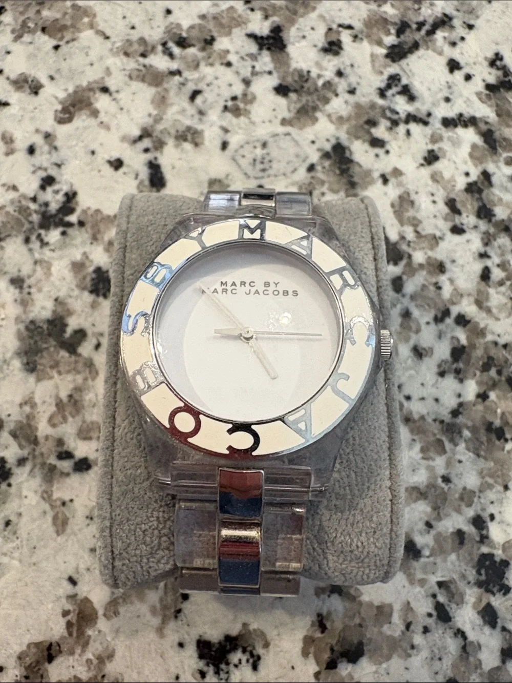 Marc by Marc Jacobs Silver and White Logo Bezel Bracelet Watch