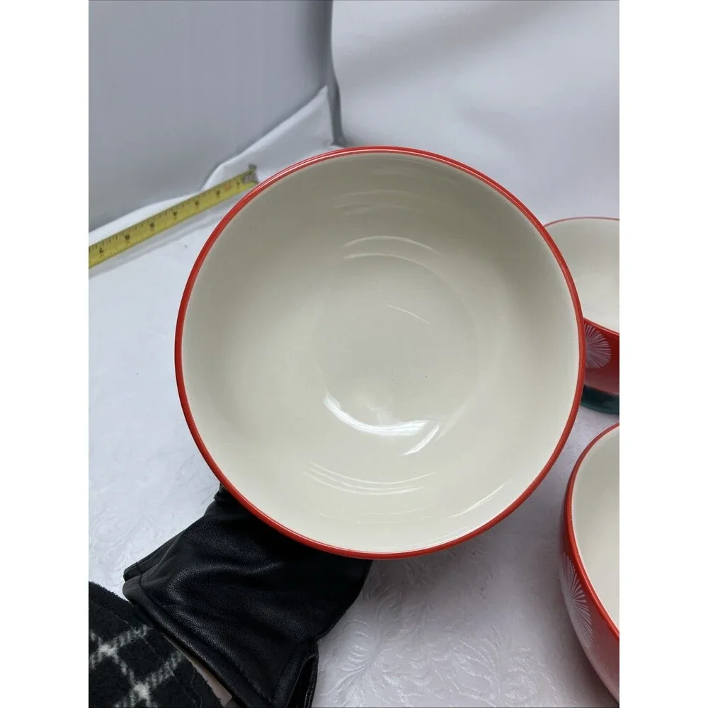 Pioneer Woman Red Starburst Large Cereal Bowls Footed Set of 3