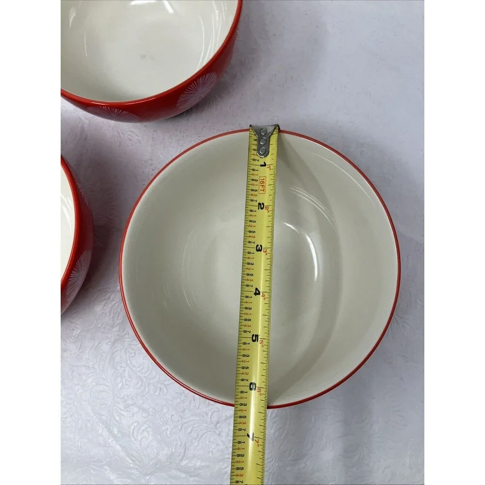 Pioneer Woman Red Starburst Large Cereal Bowls Footed Set of 3