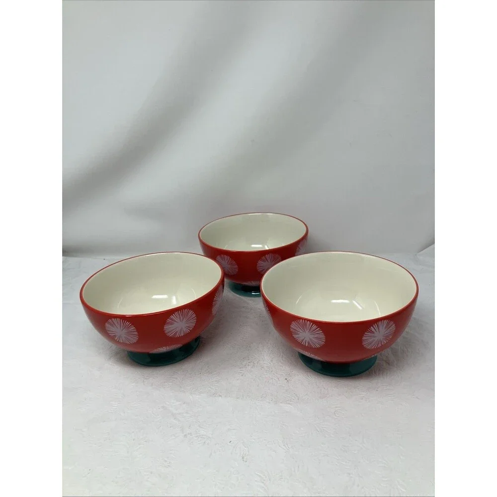 Pioneer Woman Red Starburst Large Cereal Bowls Footed Set of 3