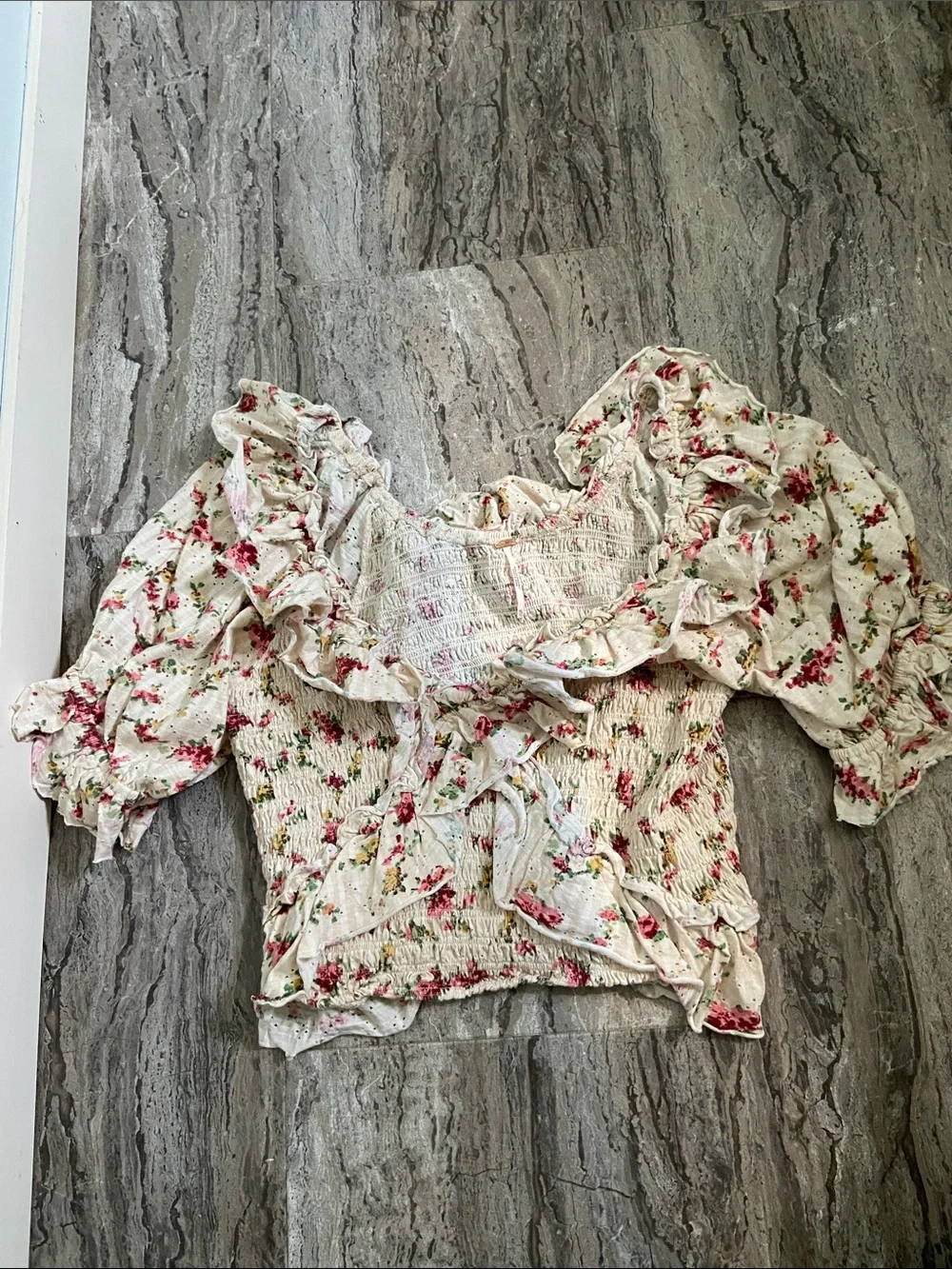 Free People Cream Floral Smocked Puff-Sleeve Top